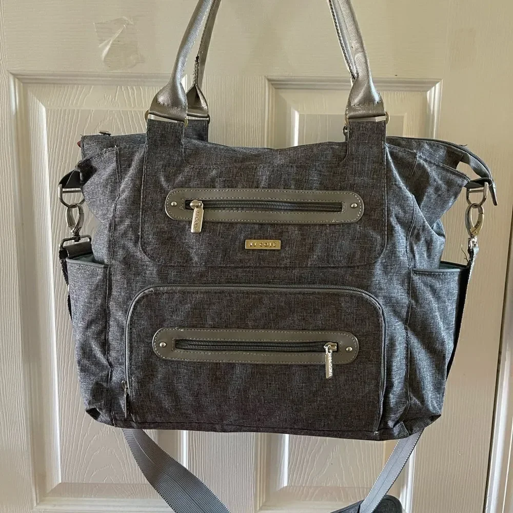 JJ Cole light gray fabric Caprice diaper bag aqua blue lining .